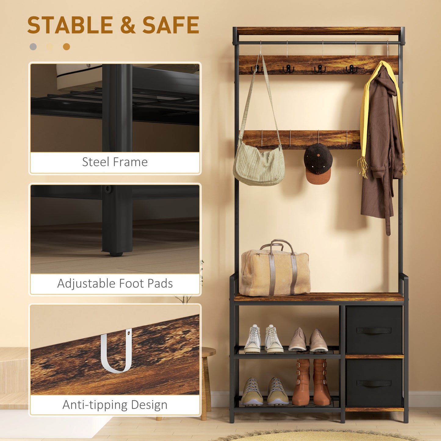 HOMCOM Industrial Style Hallway Tree With Bench 15 Coat Hooks Two Shoe Racks And Two Fabric Drawers Brown Black