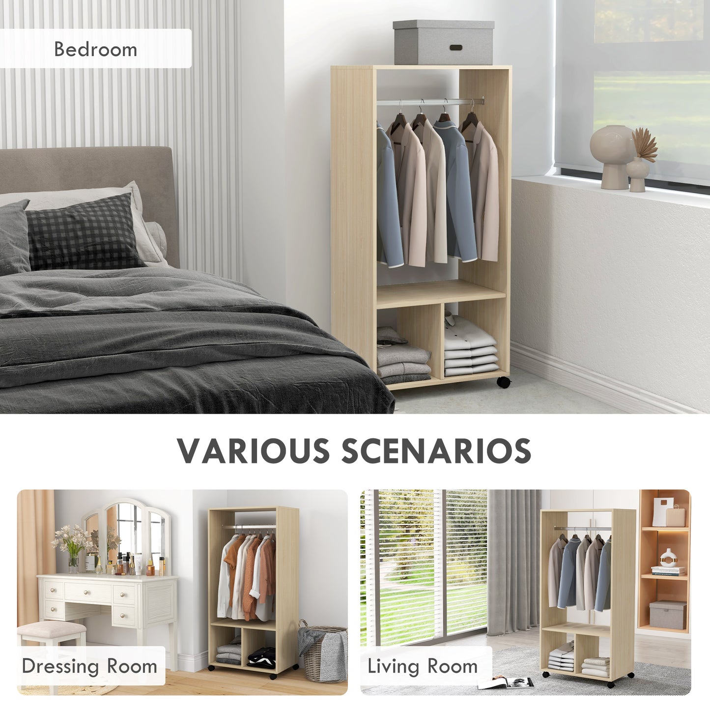 HOMCOM Open Wardrobe On Wheels With Hanging Rail And Two Storage Shelves In Natural Finish For Cloakroom Hallway