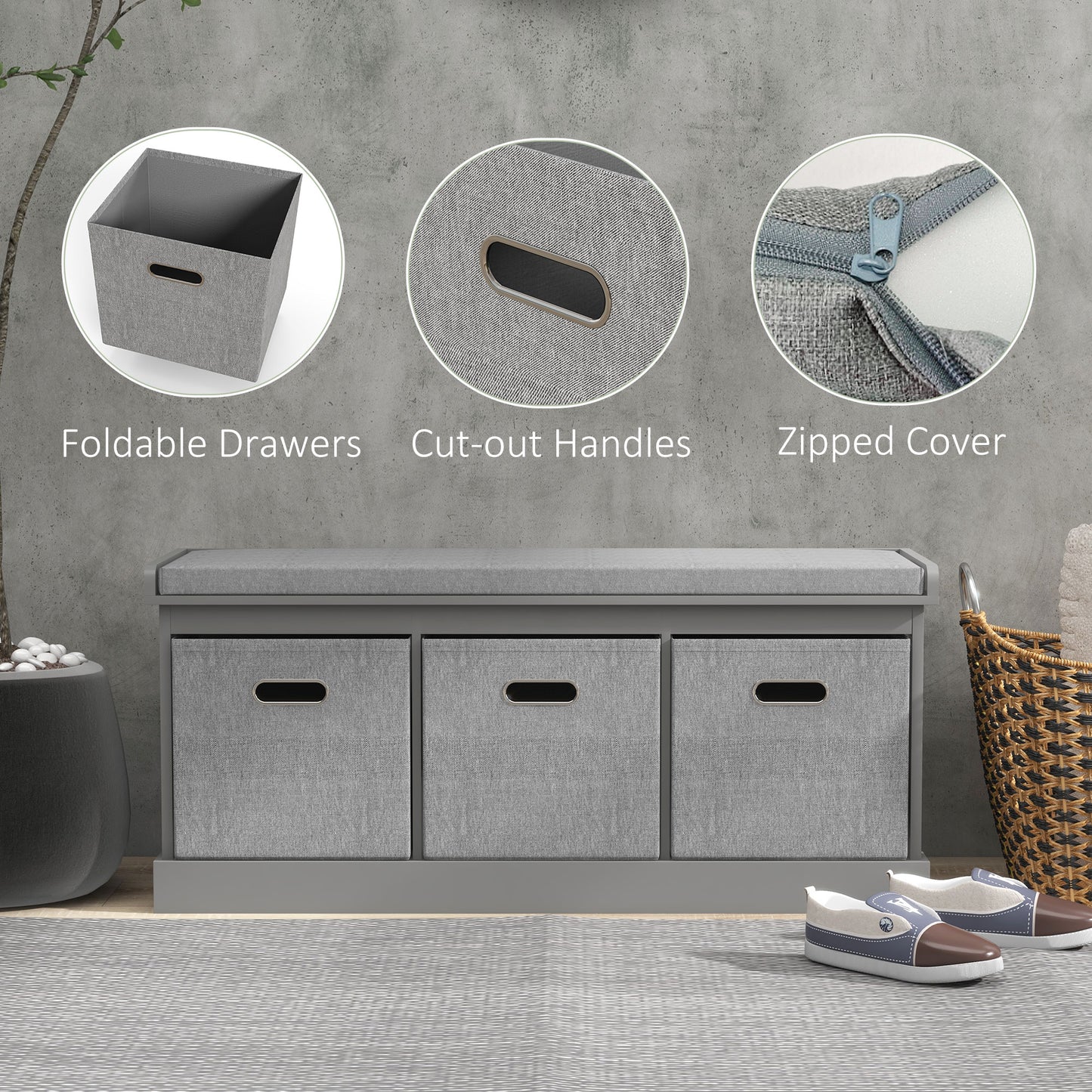 HOMCOM Contemporary Grey Shoe Storage Bench with Cushion and 3 Fabric Drawers for Entryway or Living Room - ALL4U RETAILER LTD