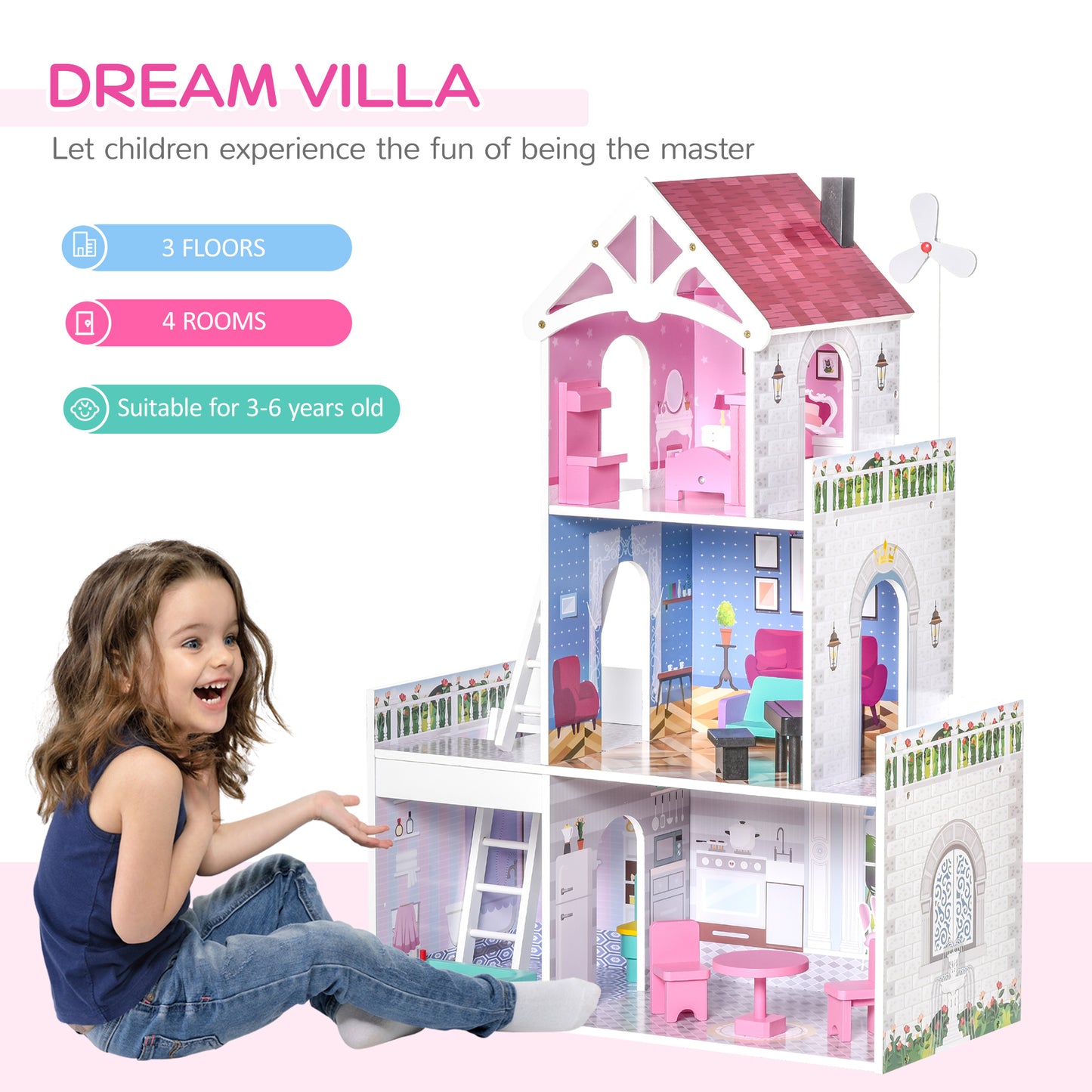 HOMCOM Multi-Level Pink Dollhouse Villa with Furniture Set for Toddler Girls - ALL4U RETAILER LTD