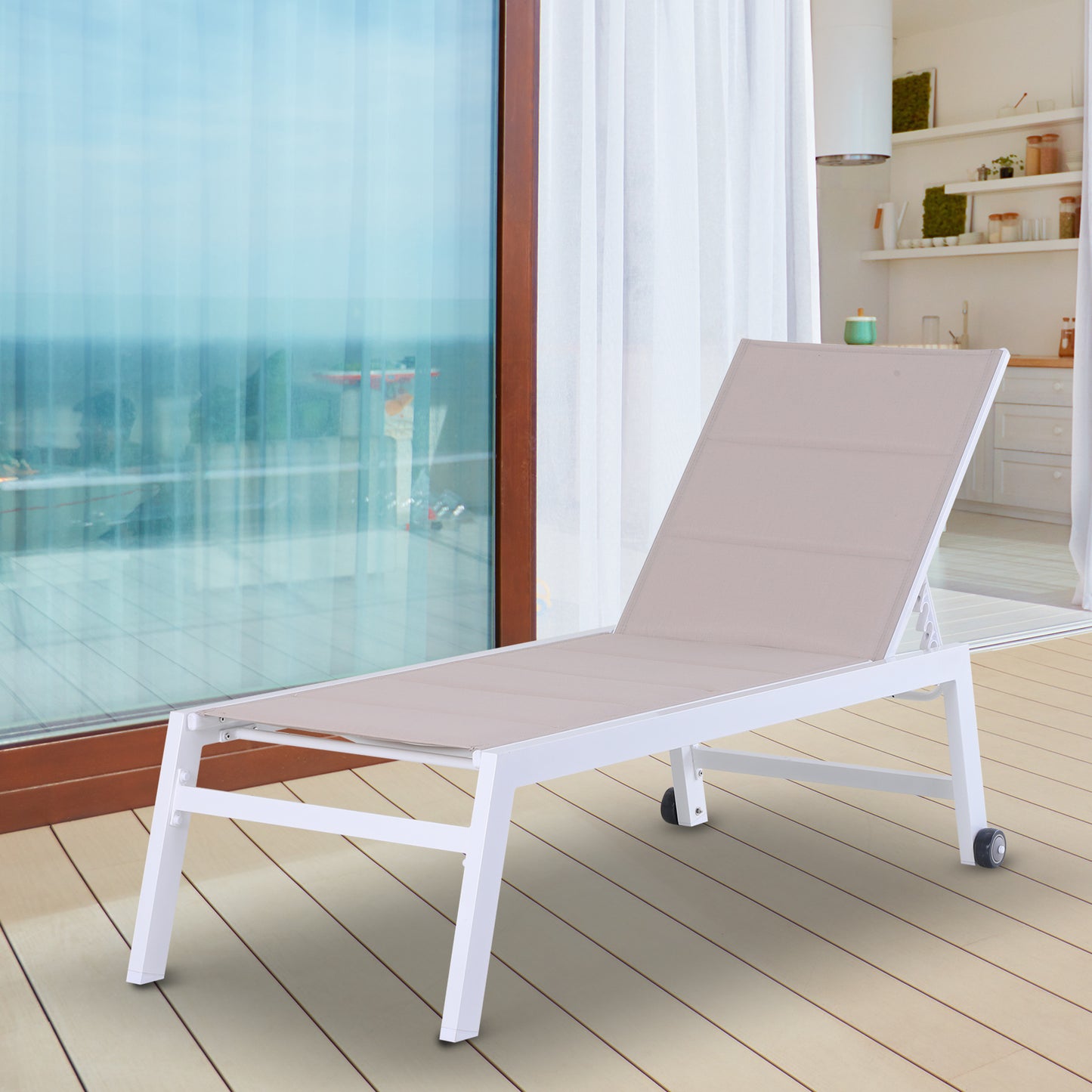 Outsunny Adjustable Aluminium Garden Sun Lounger with Padded Texteline Seat and Wheels - White - ALL4U RETAILER LTD