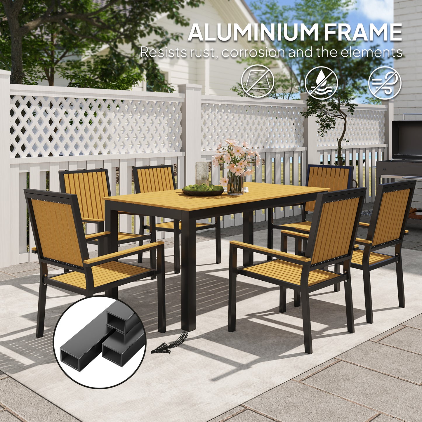Outsunny 6 Seater Garden Dining Set With Aluminium Frame Rectangular Wood Plastic Composite Top And Stackable Chairs