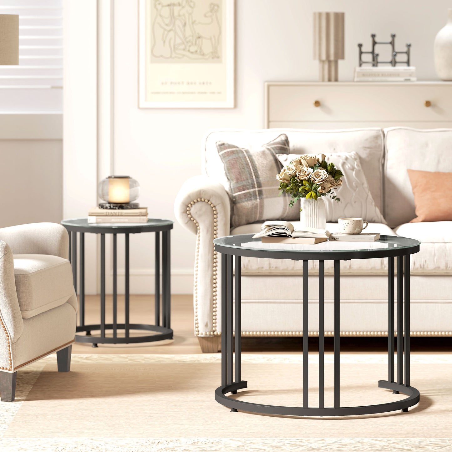 HOMCOM Round Coffee Tables Set of 2 Nesting Tables With Tempered Glass Tops And Steel Frame In Black