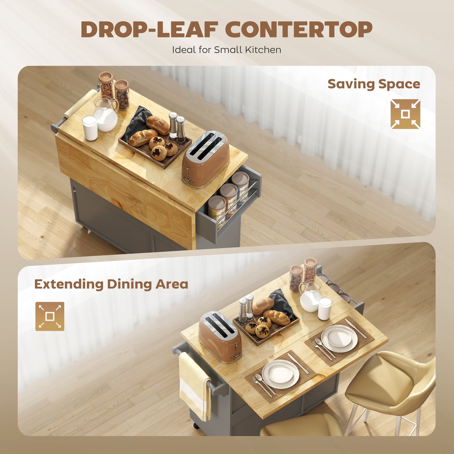 HOMCOM Kitchen Island On Wheels With Drop Leaf And Spice Rack Rolling Storage Trolley With Drawers Grey
