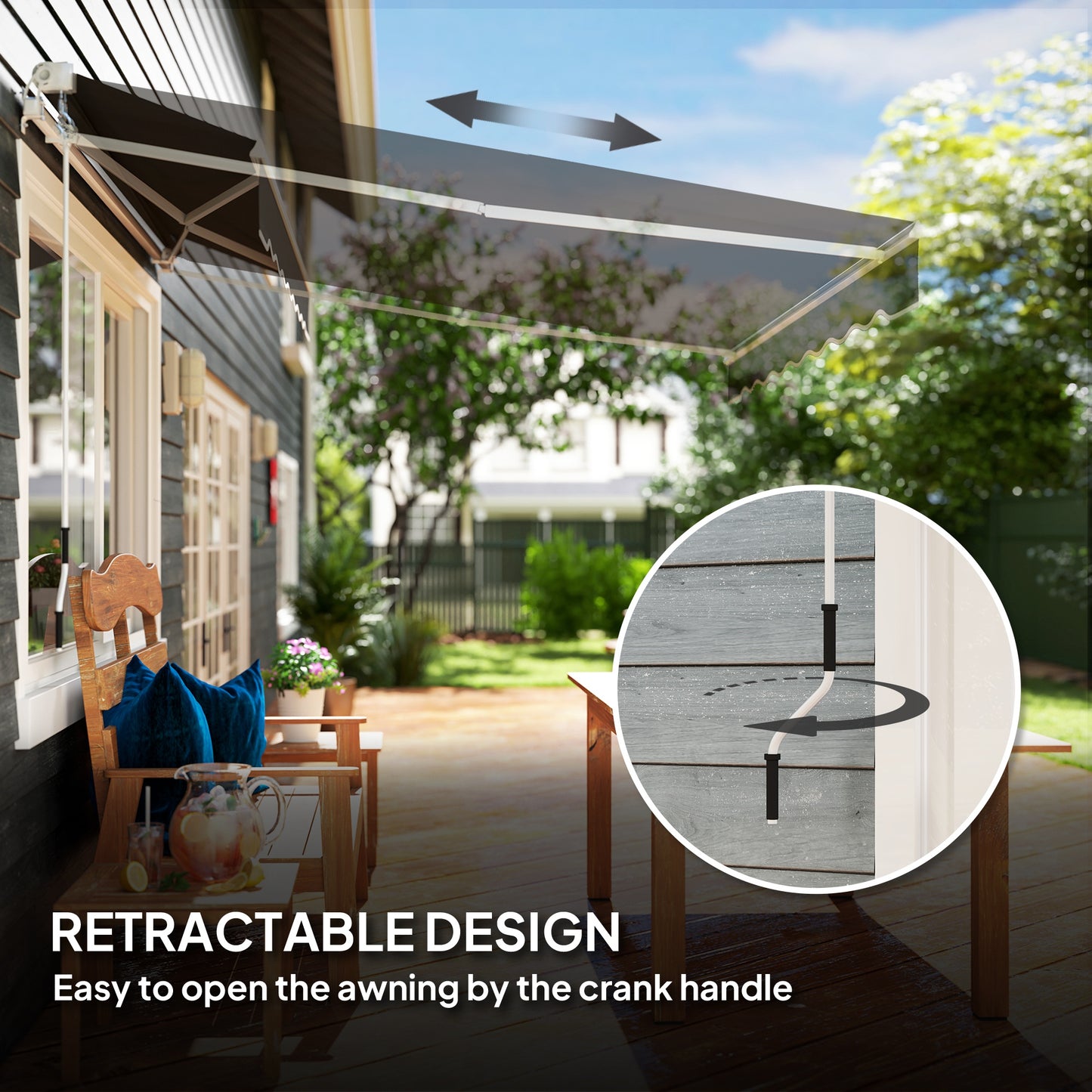 Outsunny Garden Retractable Awning Black 2x2.5m Aluminium Frame With 280Gsm Polyester Canopy Wall Mounted Shade