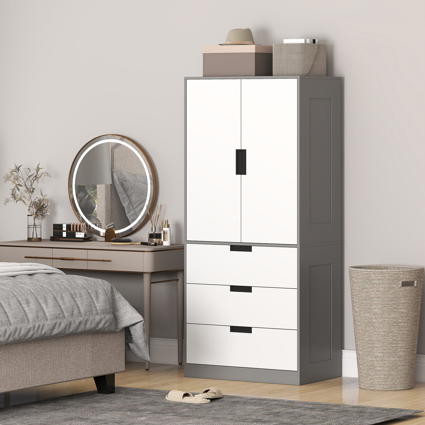 HOMCOM Modern Clothes Storage Cupboard Unit With Hanging Rod 2 Doors And 3 Drawers Grey Wardrobe