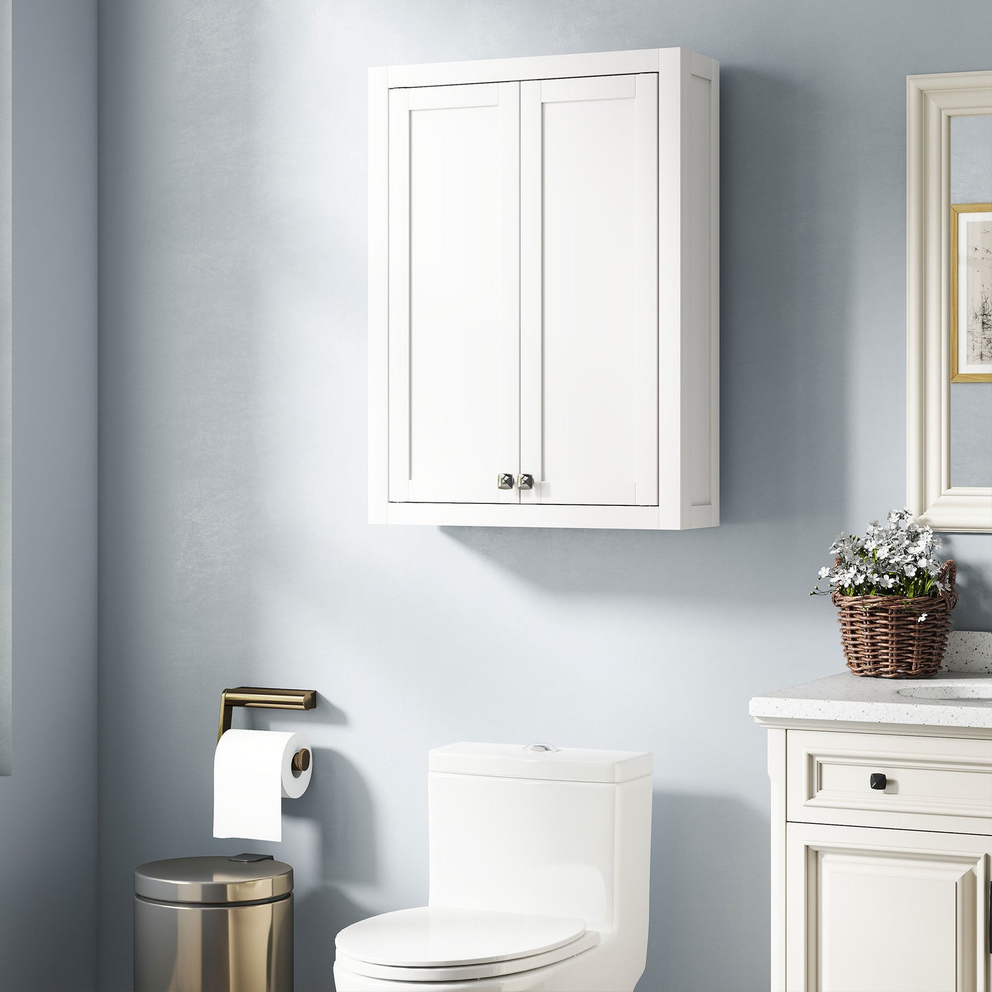 HOMCOM White Bathroom Wall Cabinet With Adjustable Shelves For Space Saving Wall Mounted Bathroom Storage