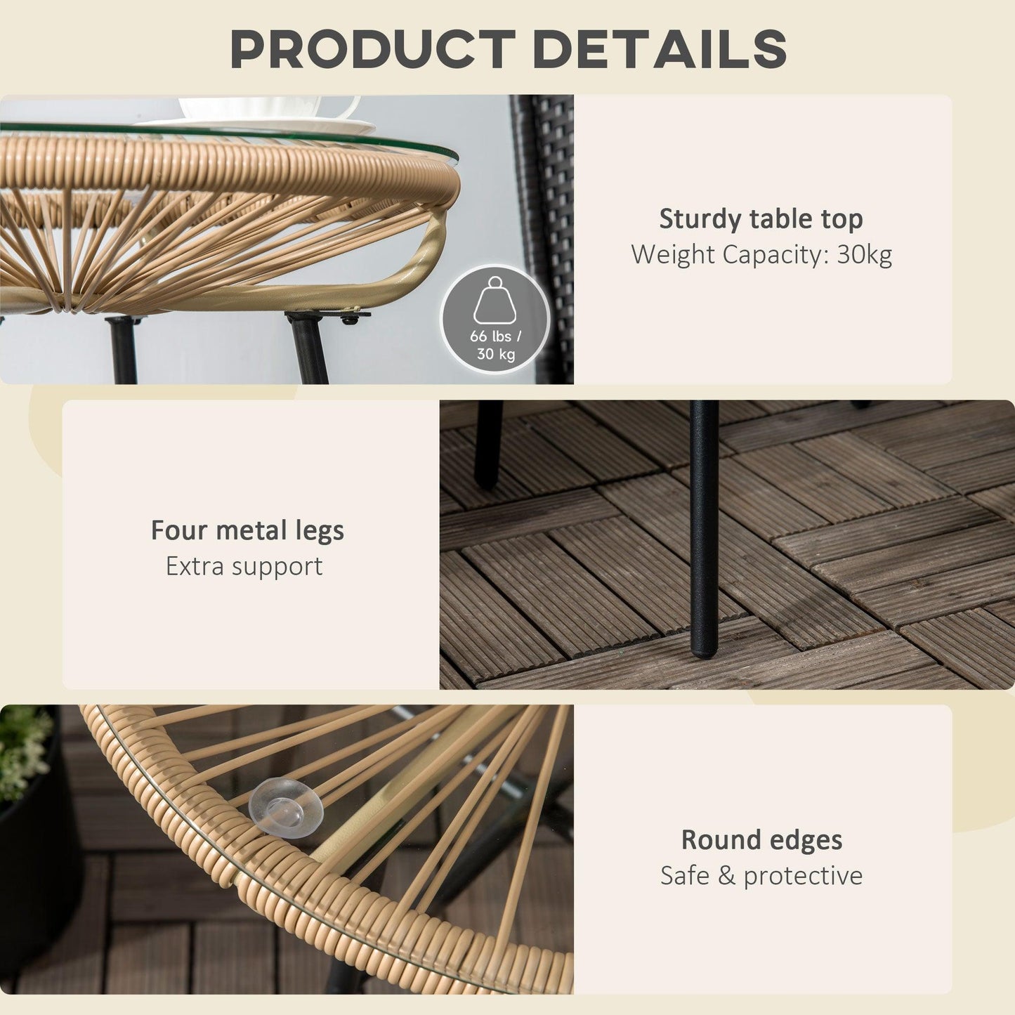 Outsunny Rattan Side Table w/ Round PE Rattan and Tempered Glass Table Top - ALL4U RETAILER LTD