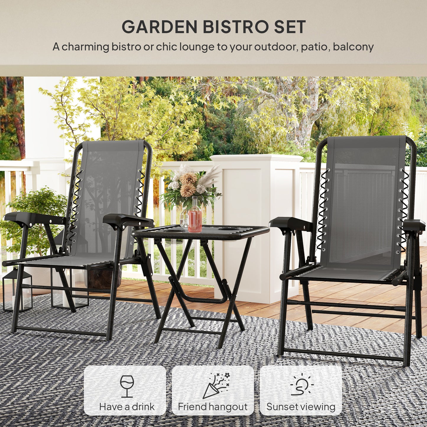 Outsunny Three Piece Garden Table And Two Armchairs Set In Dark Grey With Textiline