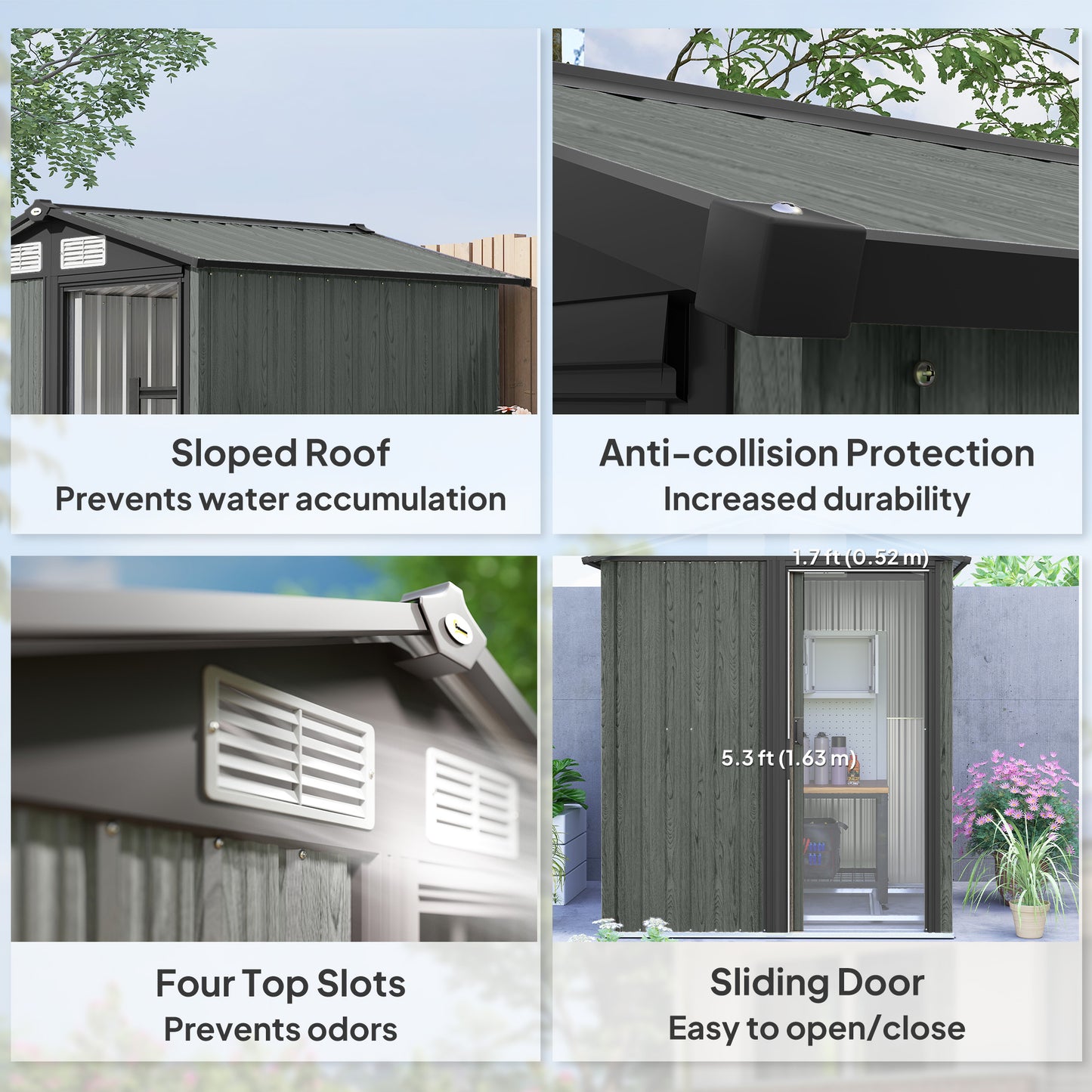 Outsunny Galvanised 4.3 x 5ft Outdoor Garden Storage Shed Grey Wood Effect Sheltered Roof With Ventilation