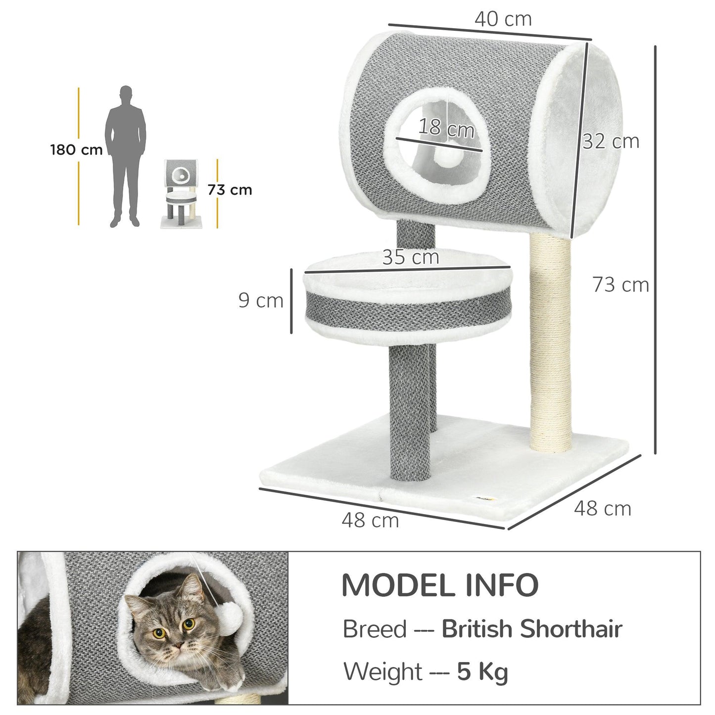 PawHut White Cat Tree with Scratching Post, Bed, Tunnel, Toy Ball - 48x48x73cm - ALL4U RETAILER LTD