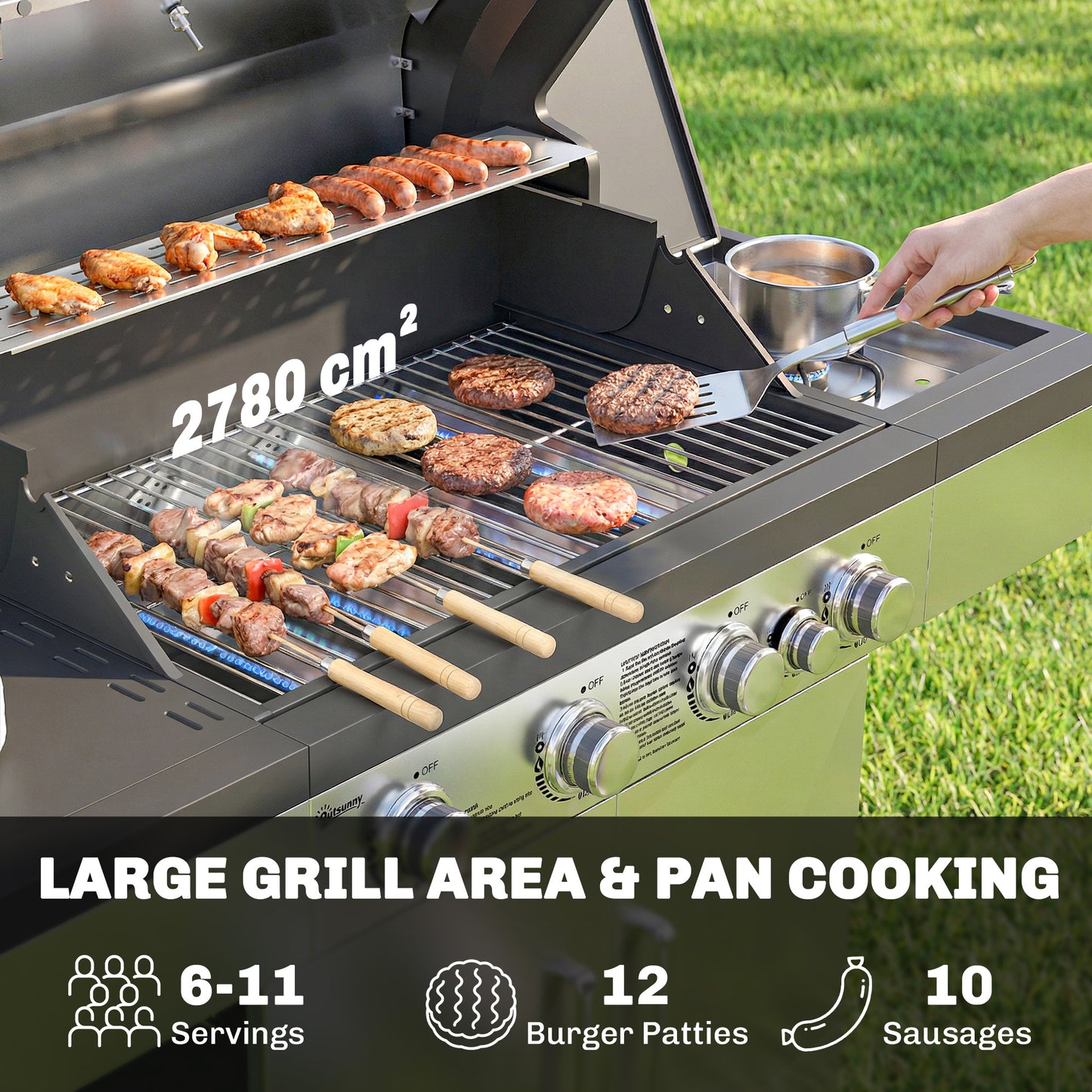 Outsunny 5 Burner Gas BBQ Grill Portable With Side Burner Warming Rack Side Shelf And Storage Cabinet
