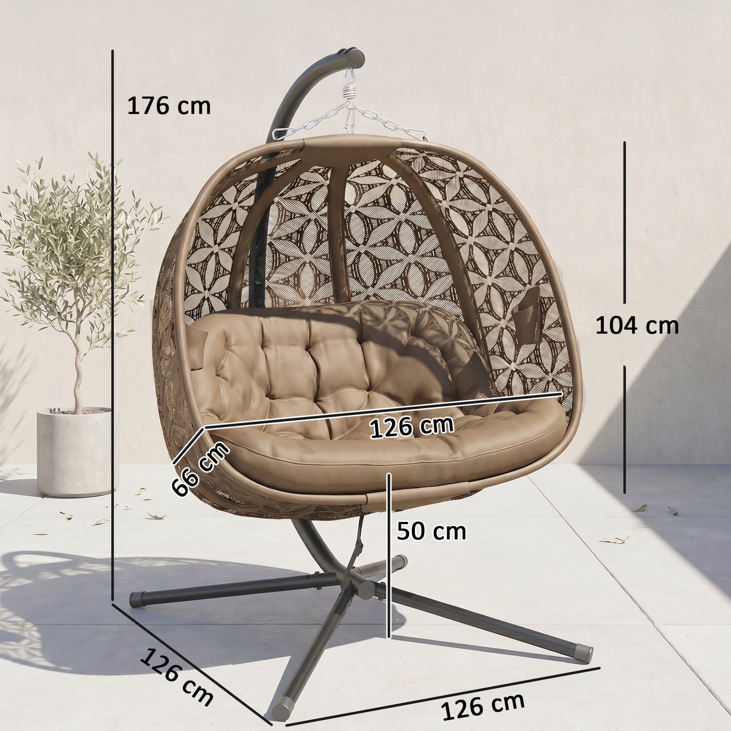 Outsunny Outdoor Double Hanging Chair With Cushion And Cup Holders Sand Brown Sturdy Steel Frame With Four Leg Base