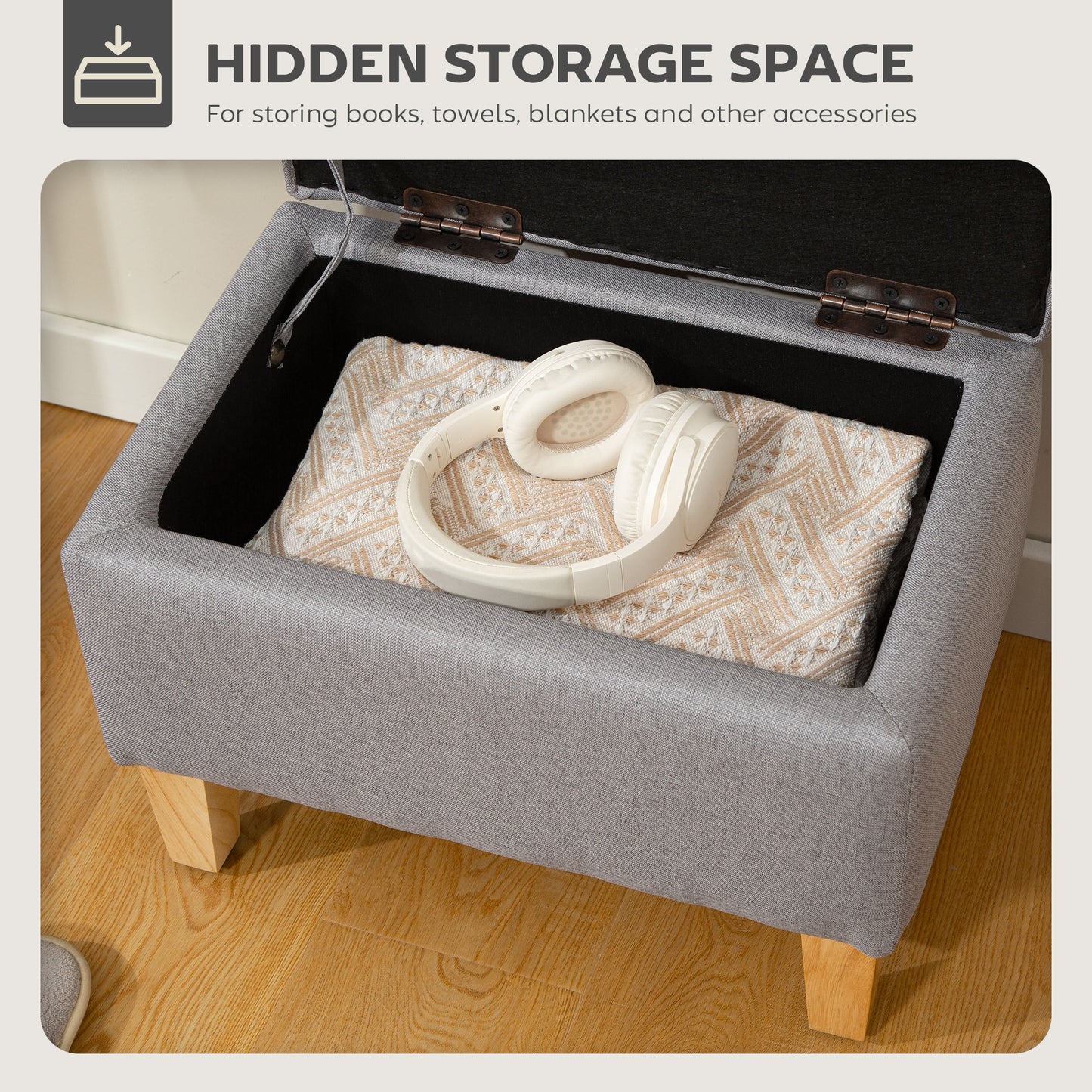 HOMCOM Linen Storage Ottoman 16L Padded Footstool With Rubberwood Legs For Storage Bed End Shoe Bench Seating Light Grey