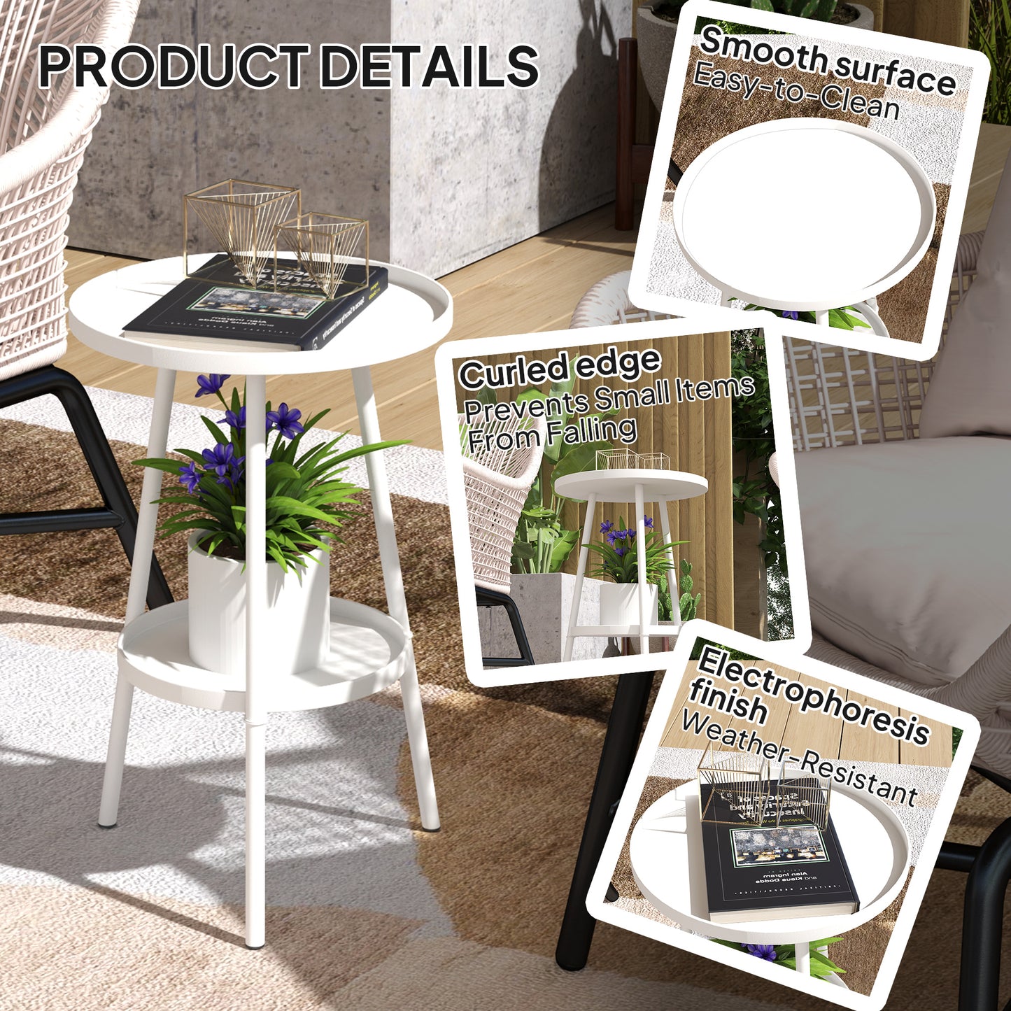 Outsunny White Two Tier Metal Garden Table For Indoor And Outdoor Use Weather Resistant Round Bistro