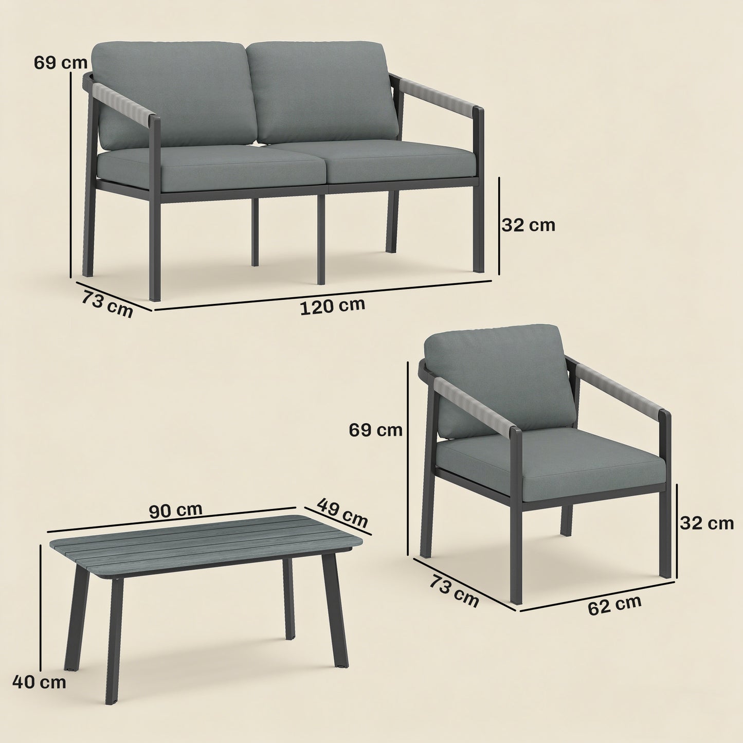 Outsunny Aluminium Garden Furniture Set 4 Seater Outdoor Patio Sofa Set With Loveseat And 2 Armchairs Slatted Table