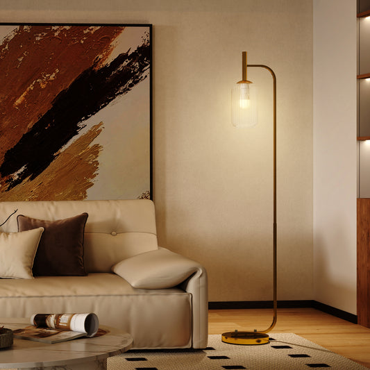 HOMCOM LED Floor Lamp With Glass Lampshade Modern Standing Lamp Foot Switch Adjustable Brightness 2700K Gold Tone