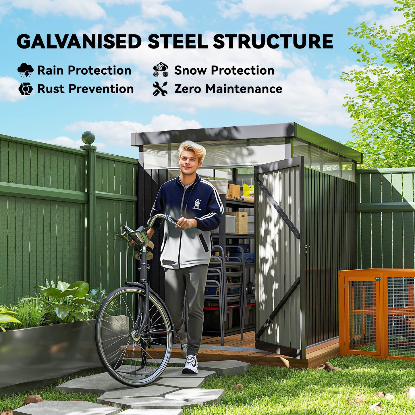 Outsunny 5.3 by 8.5 ft Galvanised Steel Garden Shed With Roof Windows Lockable Wide Door For Outdoor Tool Storage