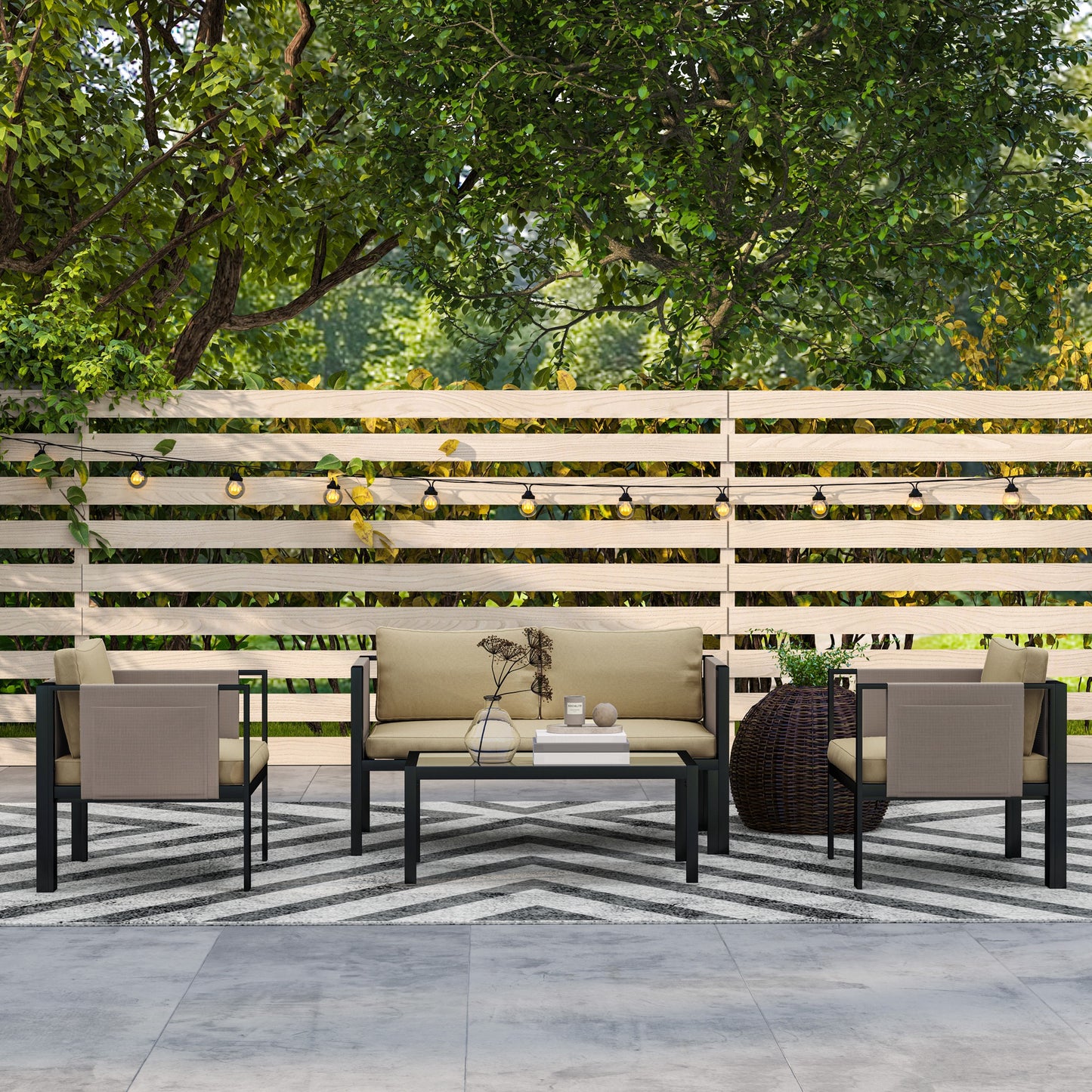 Outsunny 4 Piece Metal Garden Furniture Set With Tempered Glass Coffee Table And Cushioned Armchairs Khaki Outdoor