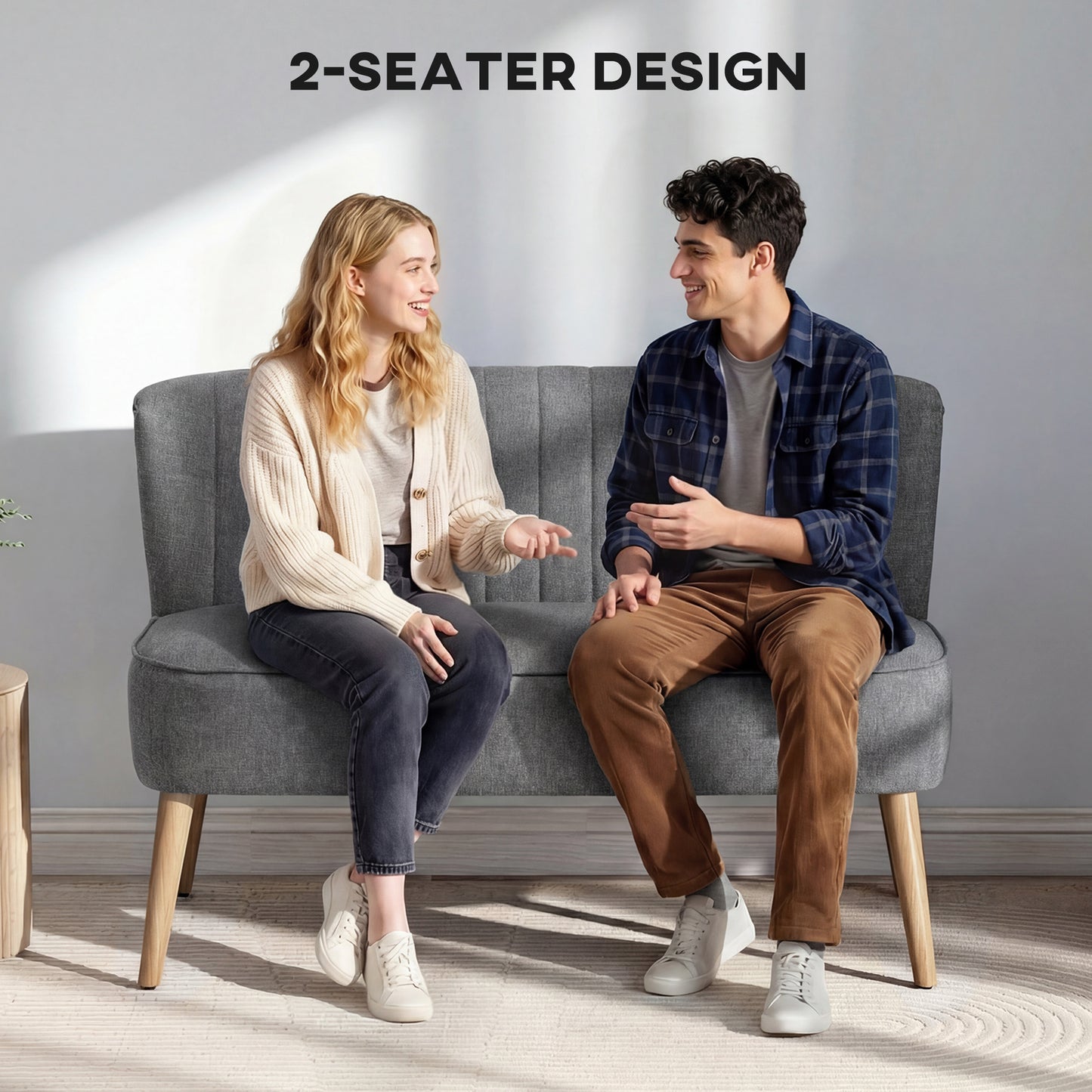 HOMCOM 46 Inch Loveseat Sofa Upholstered 2 Seater With Thick Padded Seat And Rubber Wood Legs Grey
