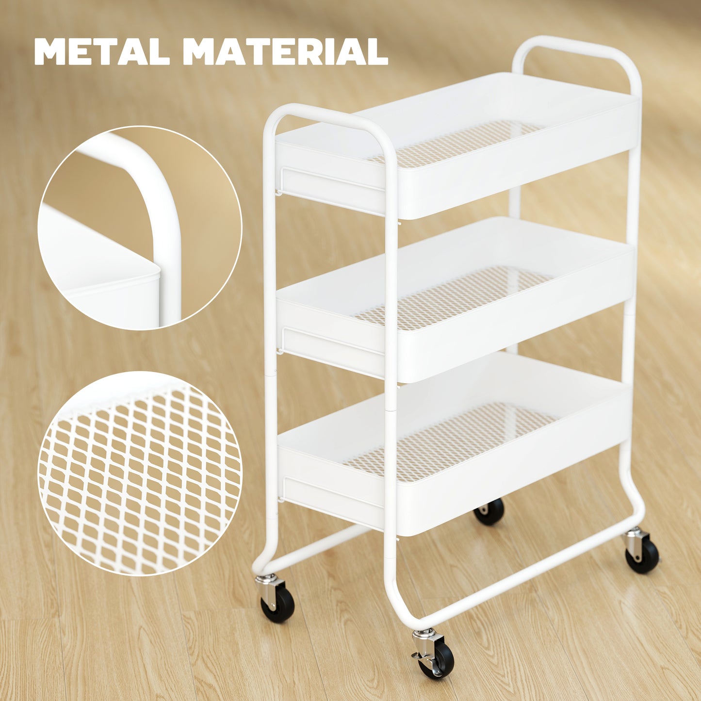 HOMCOM 3 Tier Storage Trolley on Wheels Rolling Utility Cart with Mesh Baskets for Kitchen Bathroom and Bedroom White