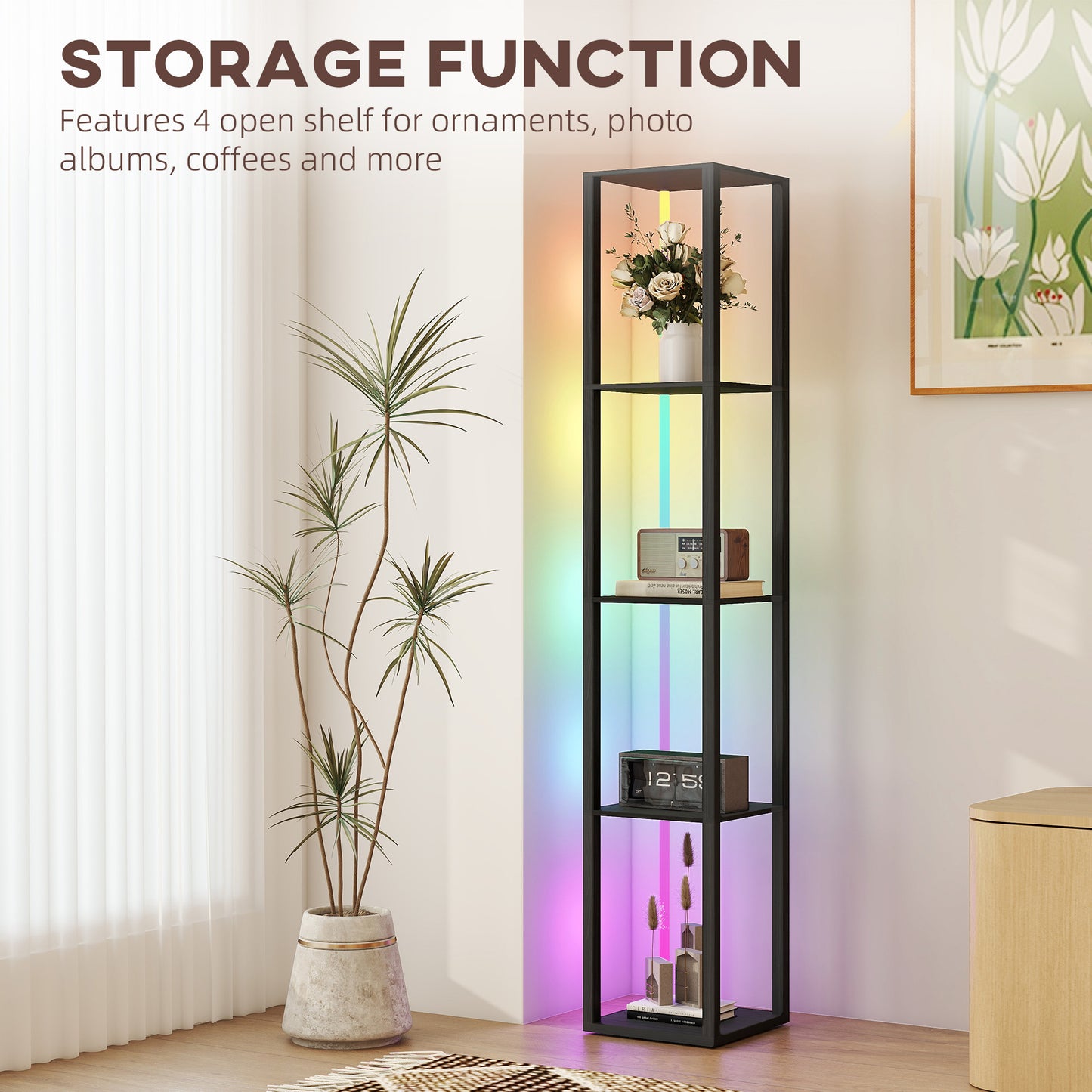 HOMCOM RGB LED Floor Lamp With Shelves Dimmable Standing Lamp With Remote Control Black