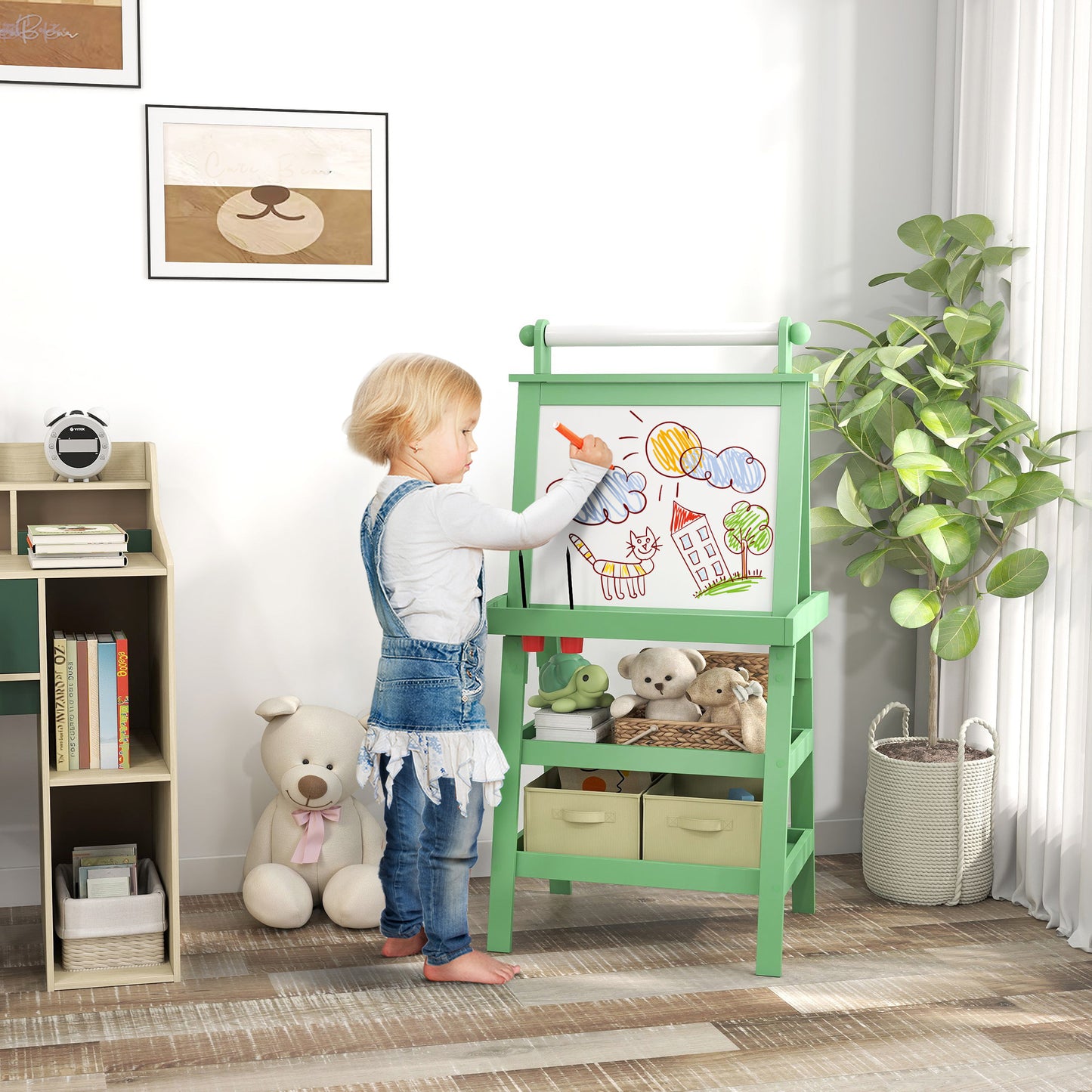 AIYAPLAY 3 In 1 Kids Easel Double Sided Magnetic Whiteboard And Chalkboard With Paper Roll Storage Baskets Green