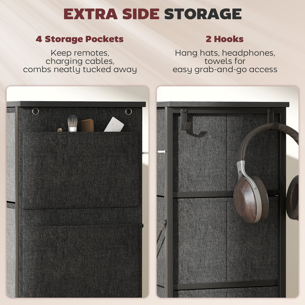 HOMCOM 8 Drawer Fabric Dresser with Side Storage Bag and Hooks Grey