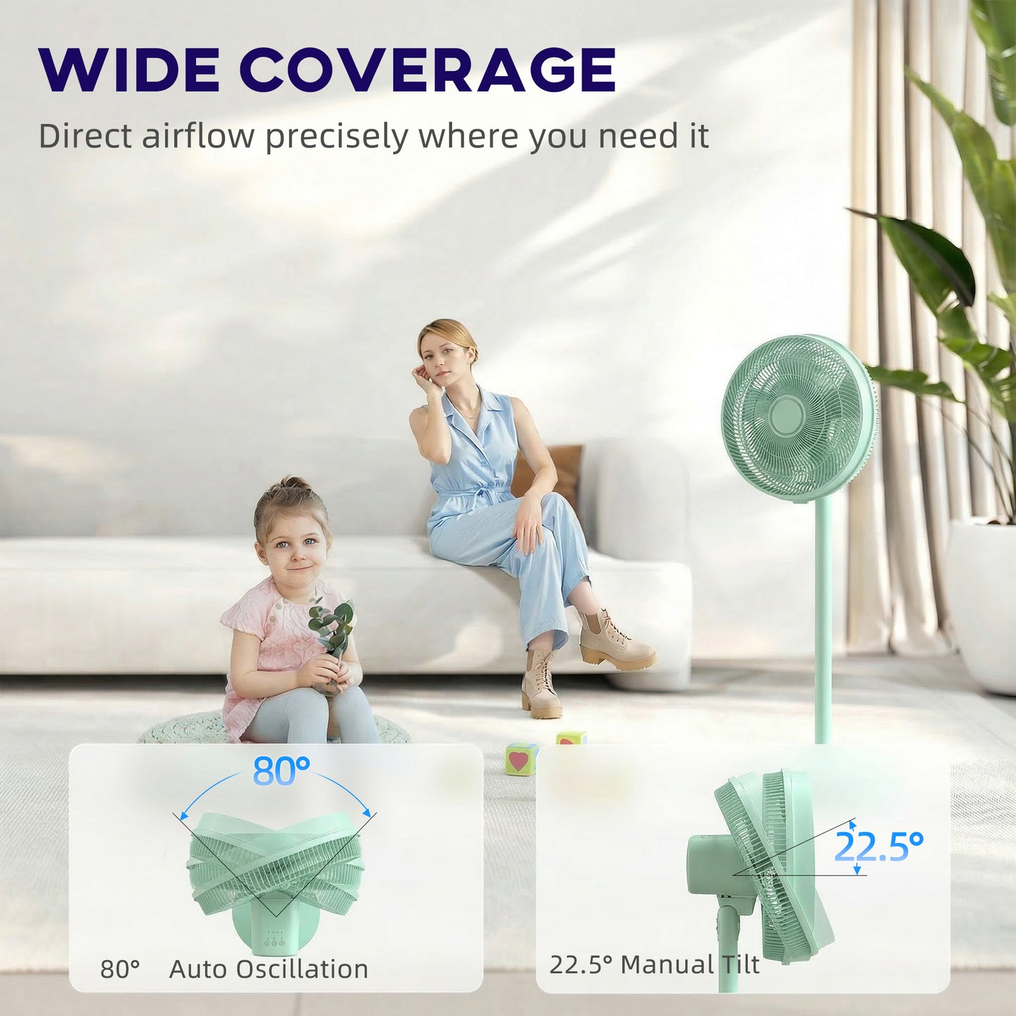 HOMCOM 40 cm Standing Floor Fan With 80 Degree Oscillation Adjustable Tilt And Height 4 Speeds Remote Control Green