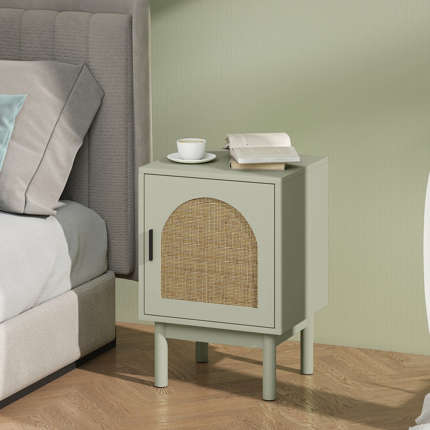 HOMCOM Rattan Bedside Table With Arch Door In Light Green Two Tier Design With Adjustable Shelves And Non Slip Wood Legs