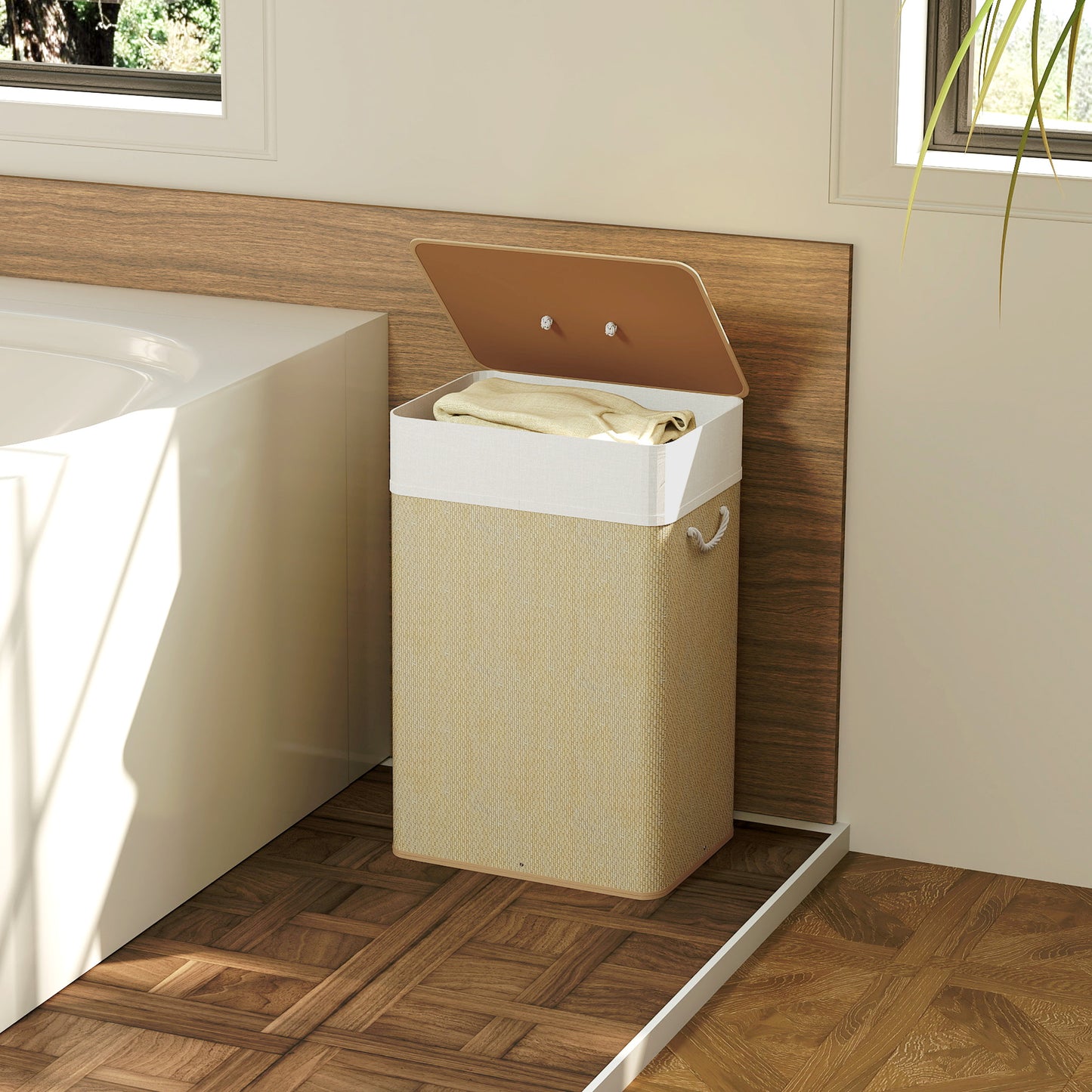 HOMCOM Bamboo Laundry Basket With Lid 72L Laundry Hamper Rope Handles Removable Liner Bag Bathroom Bedroom Nature Wood