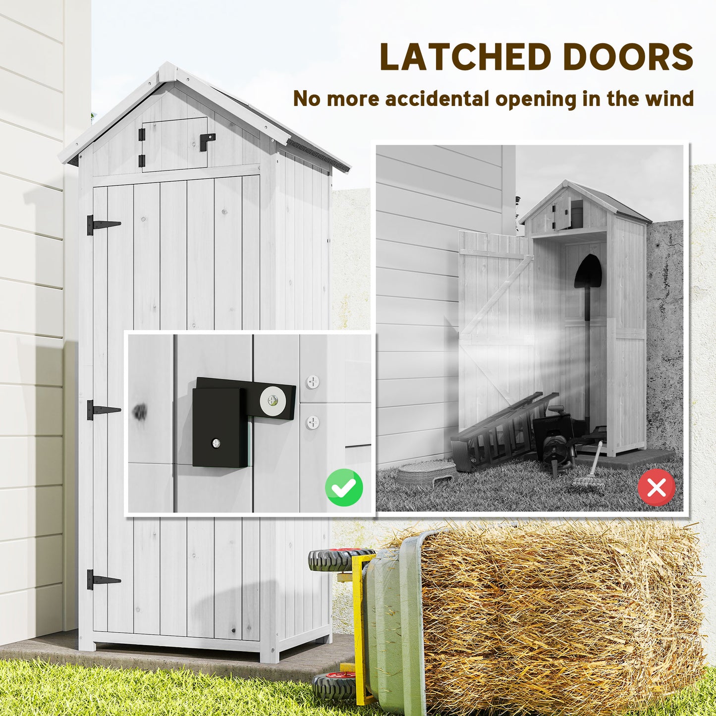 Outsunny Tall Slim Wooden Garden Shed With 3 Removable Shelves And Roof Hatch Outdoor Tool Storage Cabinet Light Grey