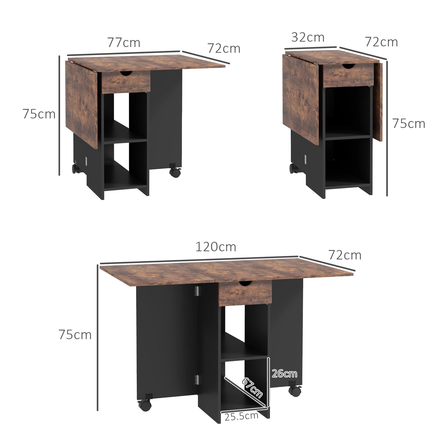 HOMCOM Folding Dining Table With Drop Leaves For Small Spaces Drawer And Storage Shelves Rustic Brown Finish