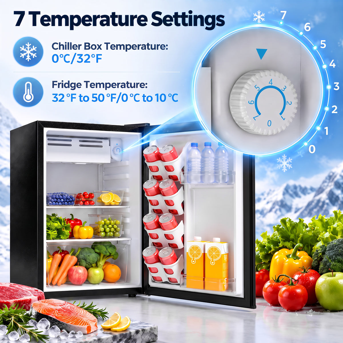 Open mini fridge with temperature control dial and organized storage shelves