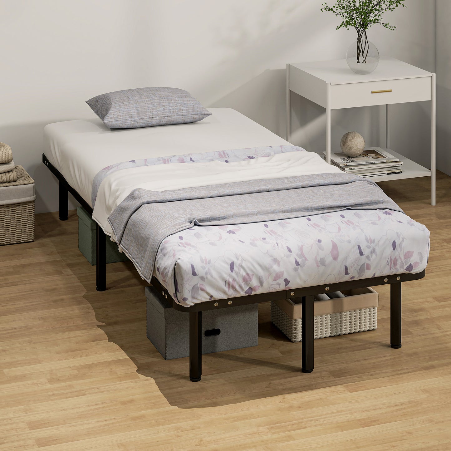 HOMCOM 3ft Single Metal Platform Bed Frame With 2 X 14 Wood Slats No Box Spring Needed Underbed Storage Black