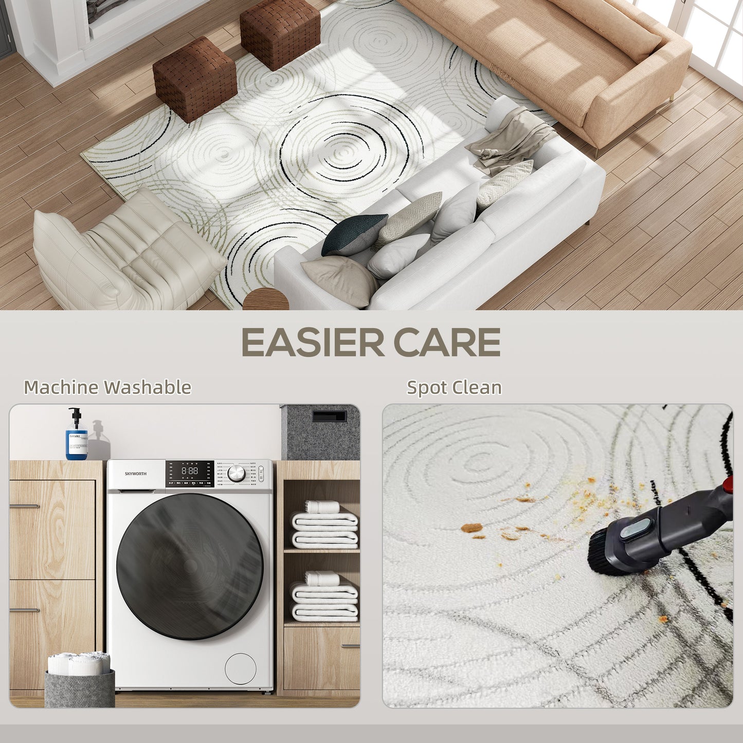HOMCOM Modern Area Rug 230x160 Cm Cream White Swirl Pattern Machine Washable Carpet For Living Room Bedroom Office