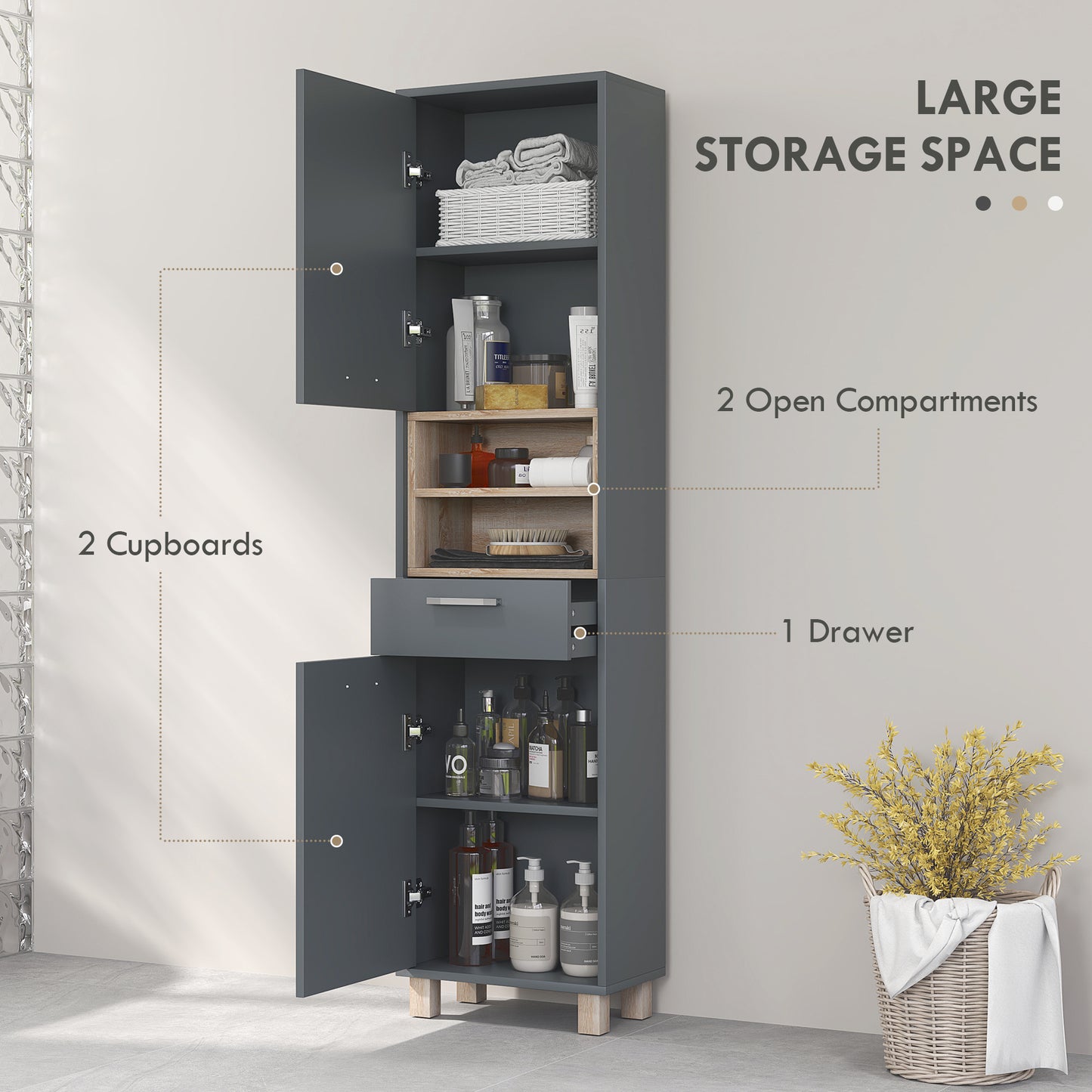 HOMCOM Tall Bathroom Storage Cabinet With MDF Triamine Board And Waterproof Sticker Matte Grey