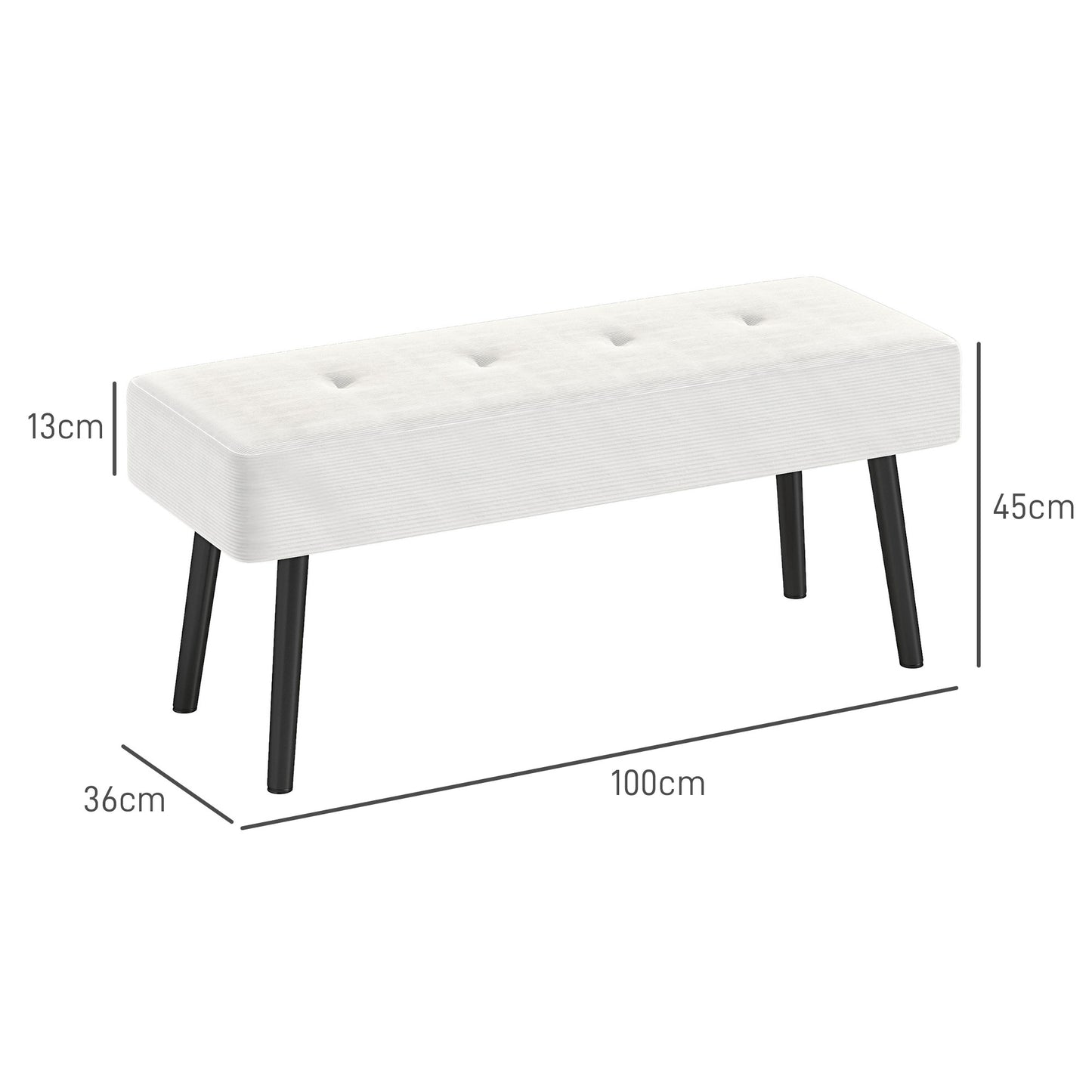 End Of Bed Bench Corduroy Upholstered With Thick Padding And Steel Legs Tufted Window Seat For Entryway Cream White