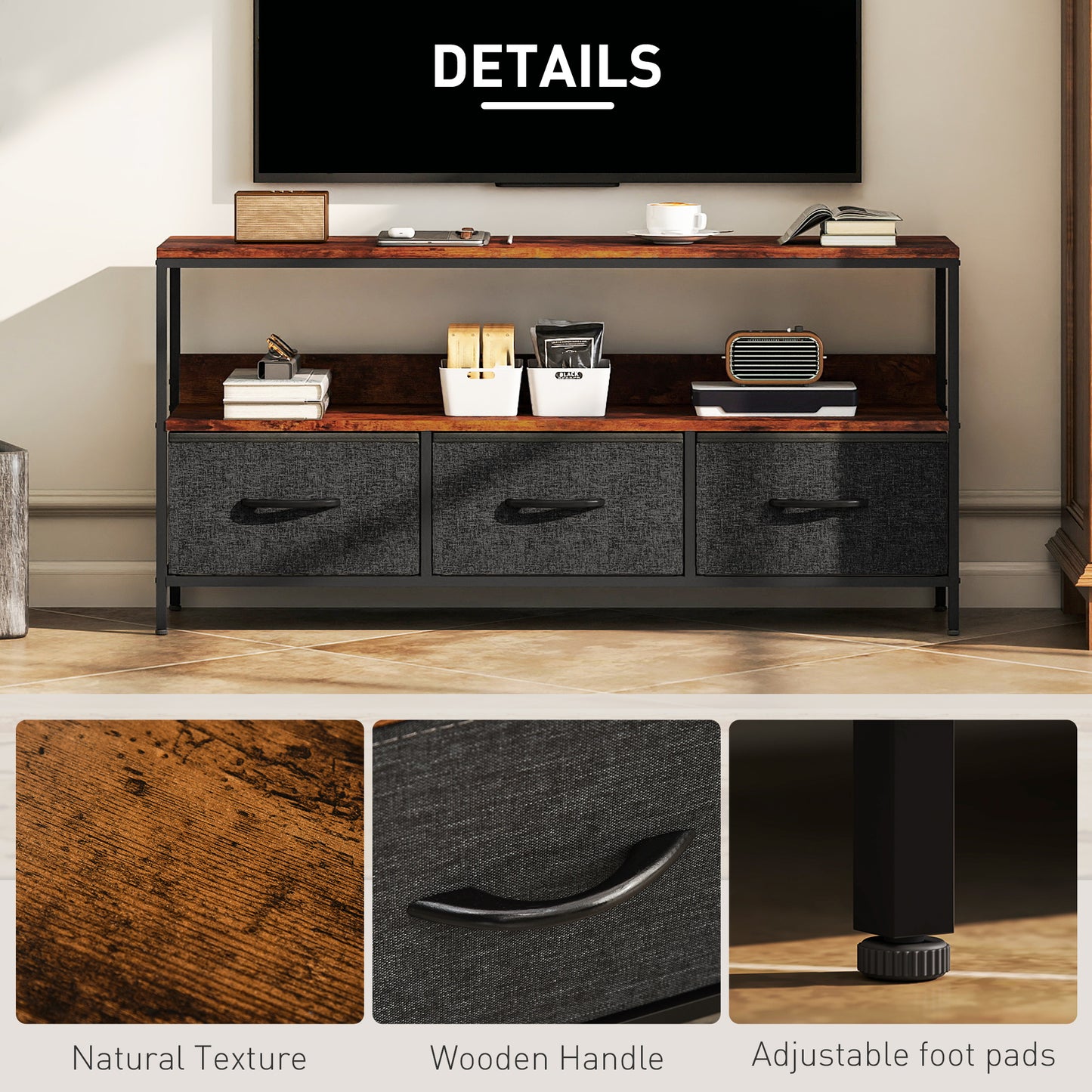 HOMCOM TV Stand Cabinet With 3 Foldable Drawers In Rustic Brown For 55 Inch TV Dual Color Modern Centerpiece