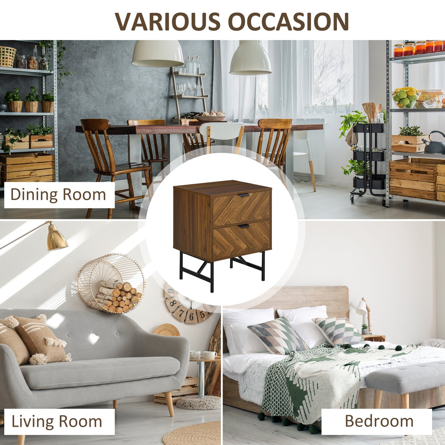 HOMCOM Bedside Table Set Of 2 With 2 Drawers Herringbone Pattern And Metal Legs Walnut Brown For Bedroom And Living Room