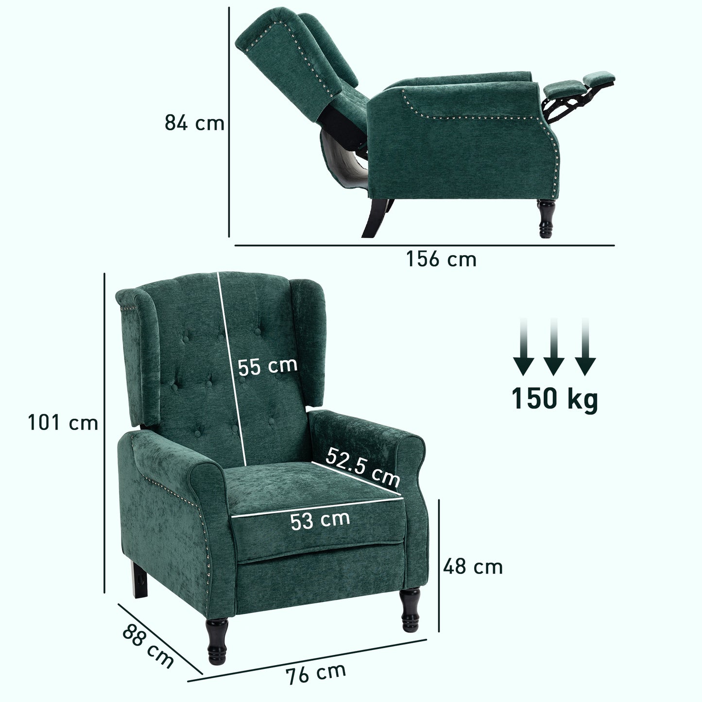 HomCom 150 Degree Reclining Vintage Armchair With Footrest In Dark Green Tufted Back And Wooden Frame