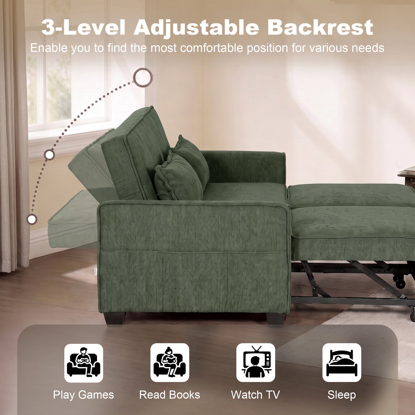 HOMCOM 2 Seater Sofa Bed 4-In-1 L-Shaped Convertible Pull-Out Sleeper Sofa Dark Green With Adjustable Backrest