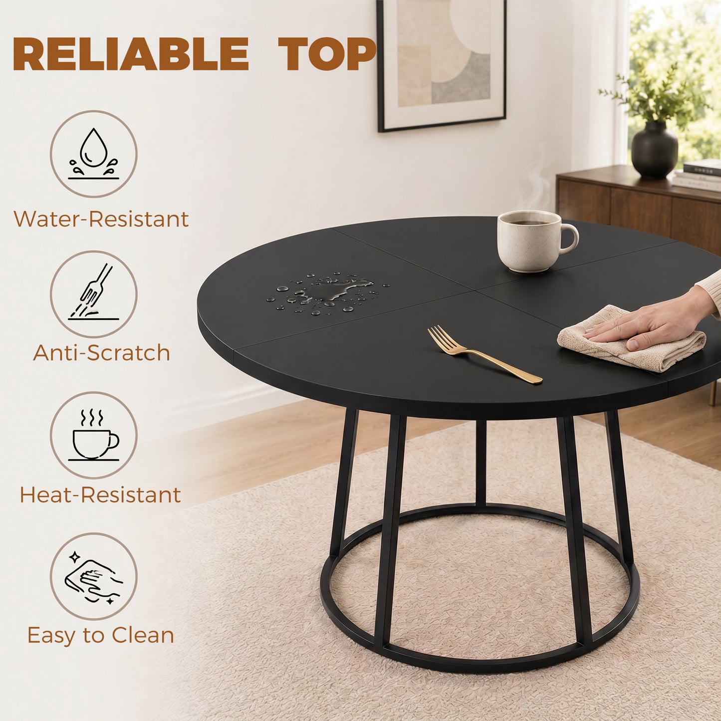 HOMCOM Dining Table Space Saving 120 cm Round Black Spliced Tabletop Featuring Conical Metal Base
