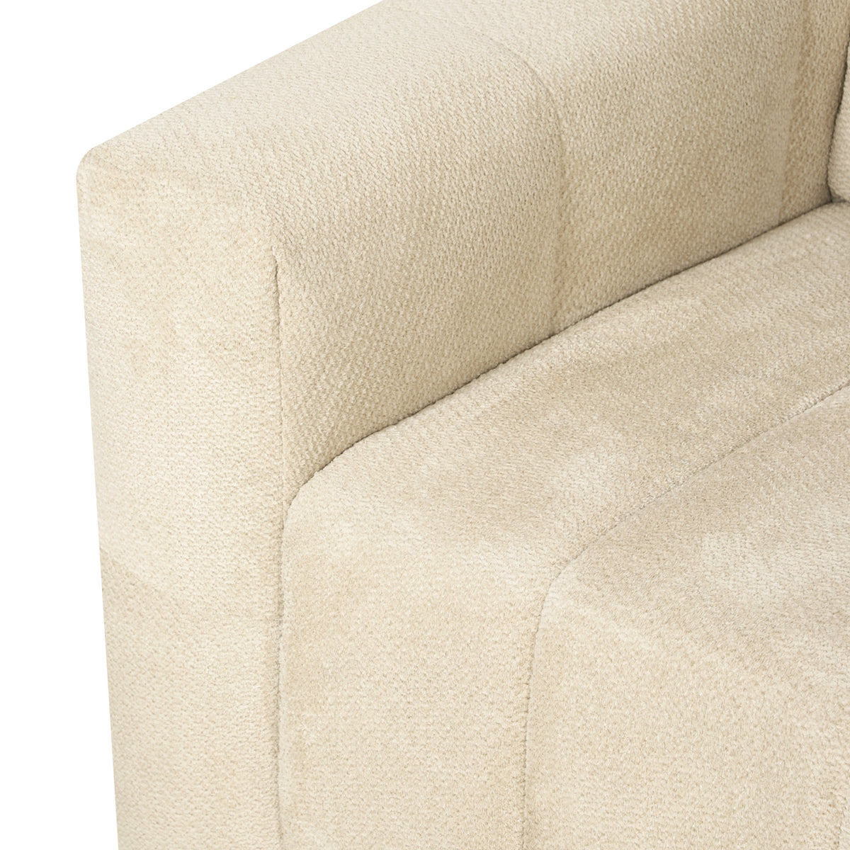 Cream white velvet loveseat armrest and cushion close-up, textured fabric upholstery