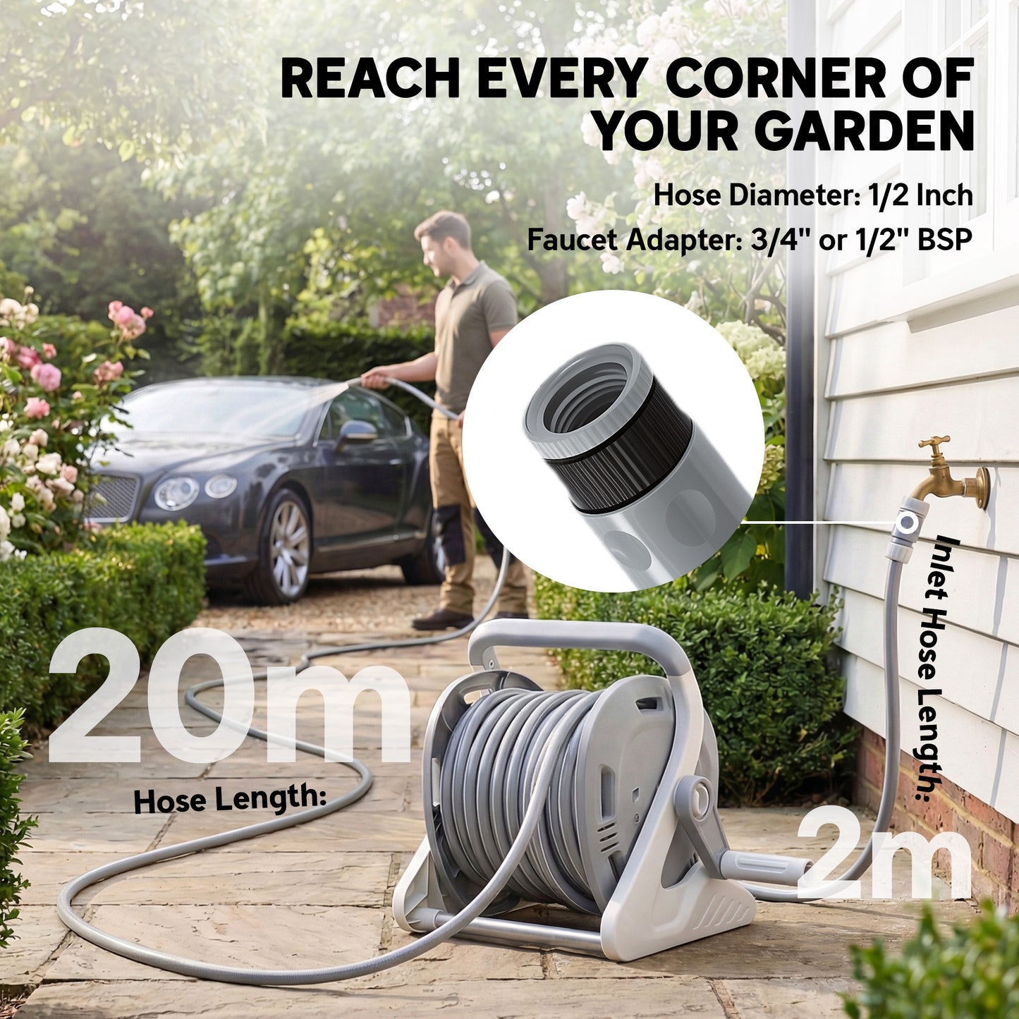 Outsunny Portable Garden Hose Reel 20 Plus 2 Meters Wall Mounted Reel With Two Pattern Nozzle And Crank Grey