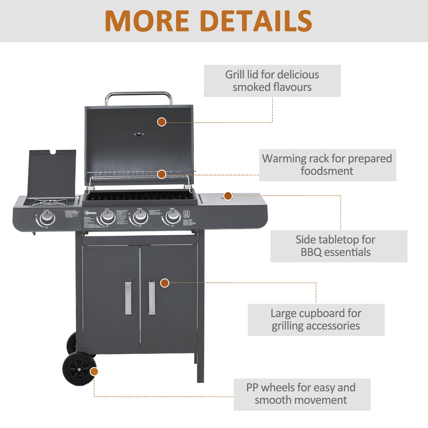 Outsunny 3 Plus 1 Burner Gas Bbq Grill With Trolley Wheels Cabinet Side Shelves Warming Rack And Thermometer