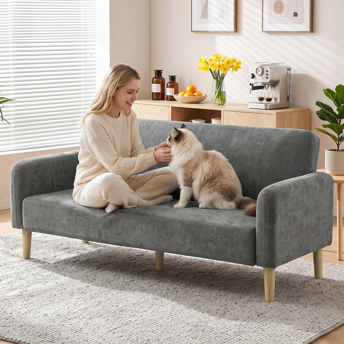 HOMCOM Compact 2 Seater Grey Velvet Sofa With Thick Padding