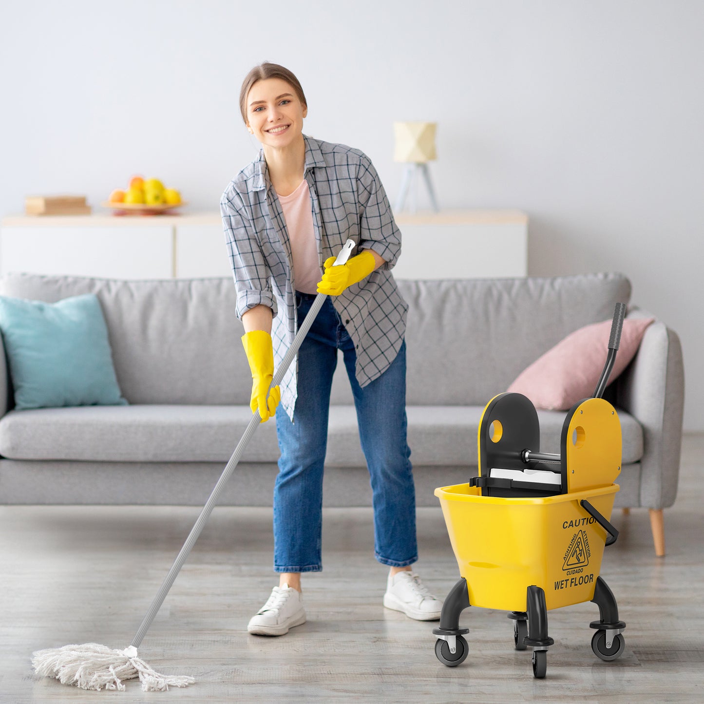 HOMCOM 26 Litre Mop Bucket With Wringer And Mop Yellow For Efficient Floor Cleaning