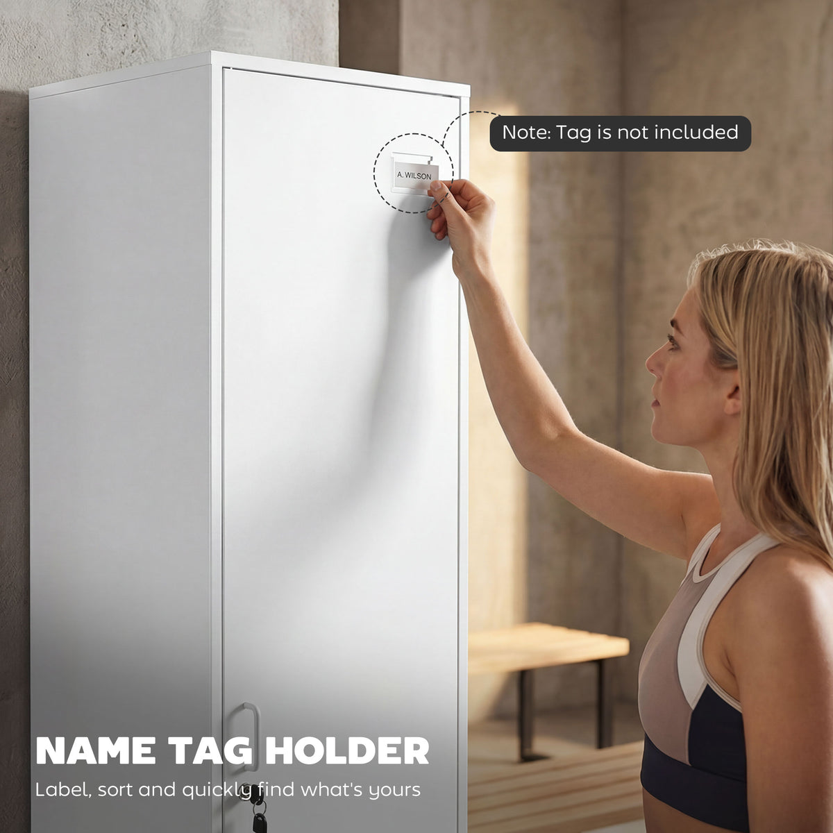White metal locker door with name tag holder for easy item identification.
