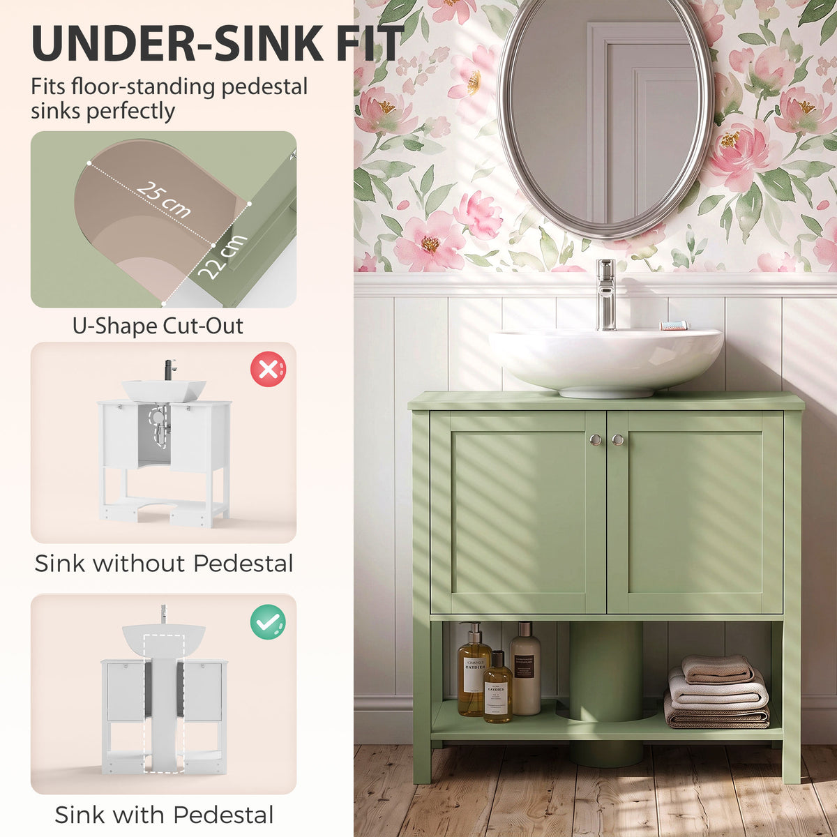 Green under-sink bathroom cabinet with two doors and U-shaped cutout, with sink top.